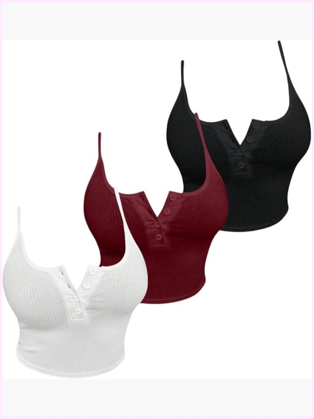 3 Piece Spaghetti Strap Crop Camisole Set Button Down Ribbed Tops
